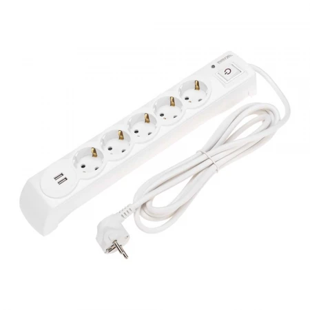 Фильтр сетевой 5 гнезд, 3м, 3х1,5мм², с автовыкл, 2 USB, белый KRANZ 13-4700
